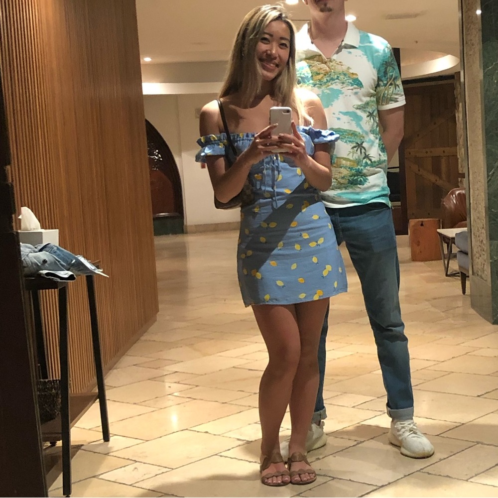Glamorous Lemon Print Blue Mini Off Shoulder Dress